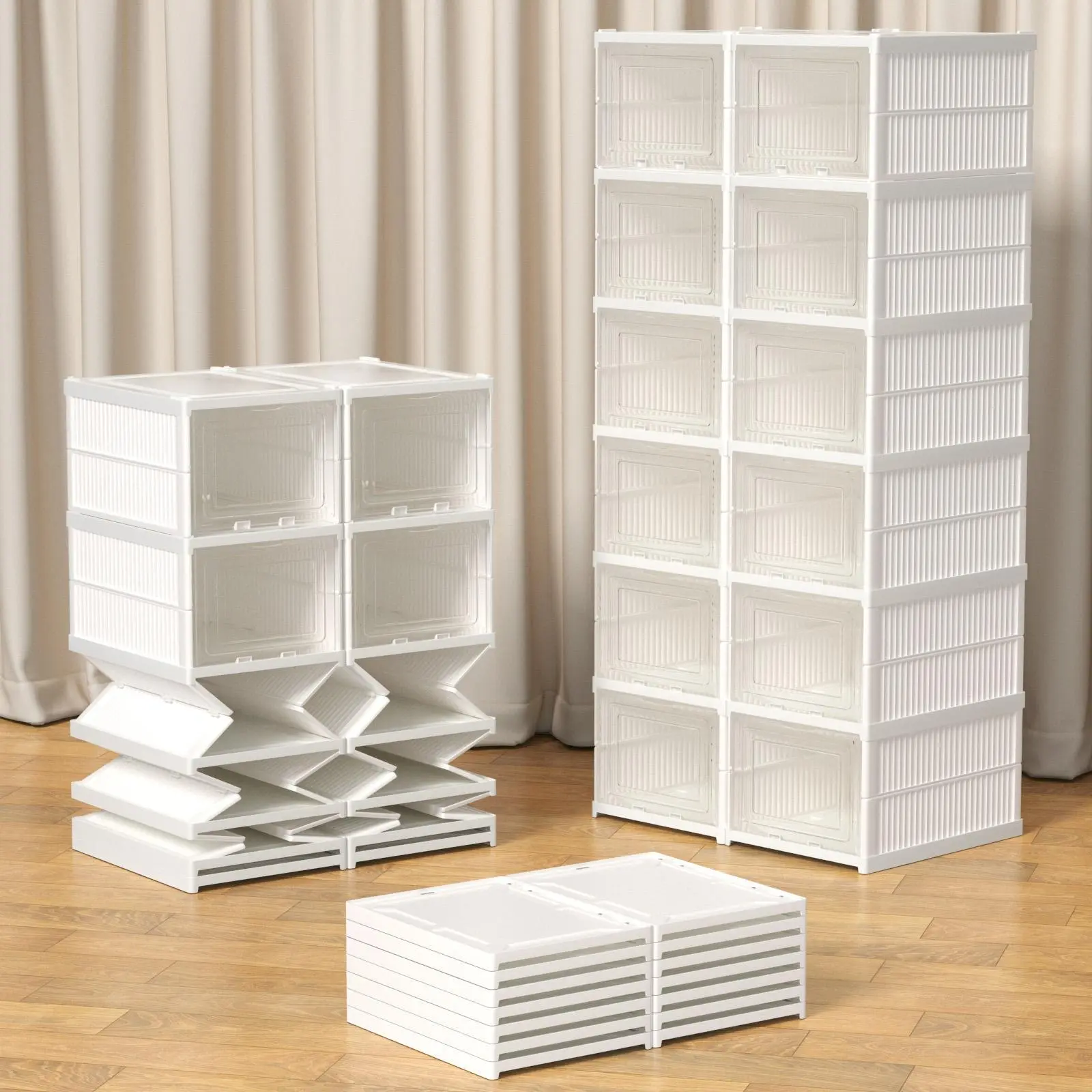 6-Tier Drop Front Shoe Storage Box, Stackable Organizer Bin with Clear Door, Plastic Shoe Rack for Closet & Entryway