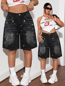 Women's Plus Size Firework Pattern Rhinestone Denim Shorts, High Waist Frayed Edge Wide Leg Five-Pocket Jeans, Slimming Effect