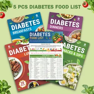 5 Pack Diabetes Food List Chart & 80+ Meal Planner Recipes For Beginners, Laminated Diabetes Diet Plan For Type 1 & Type 2, Foods To Eat & Avoid With Serving Size, Glycemic Index, Net Carbs & Calories
