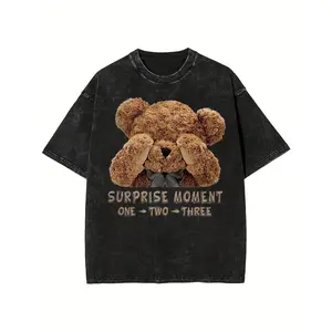 One 100 Percent Pure Cotton Front Washed Fabric T Shirt With Cute Teddy Bear Surprise Moment Design Perfect For Casual Wear And Holiday Gifts Unisex Style Suitable For Everyday Use 230g Weight