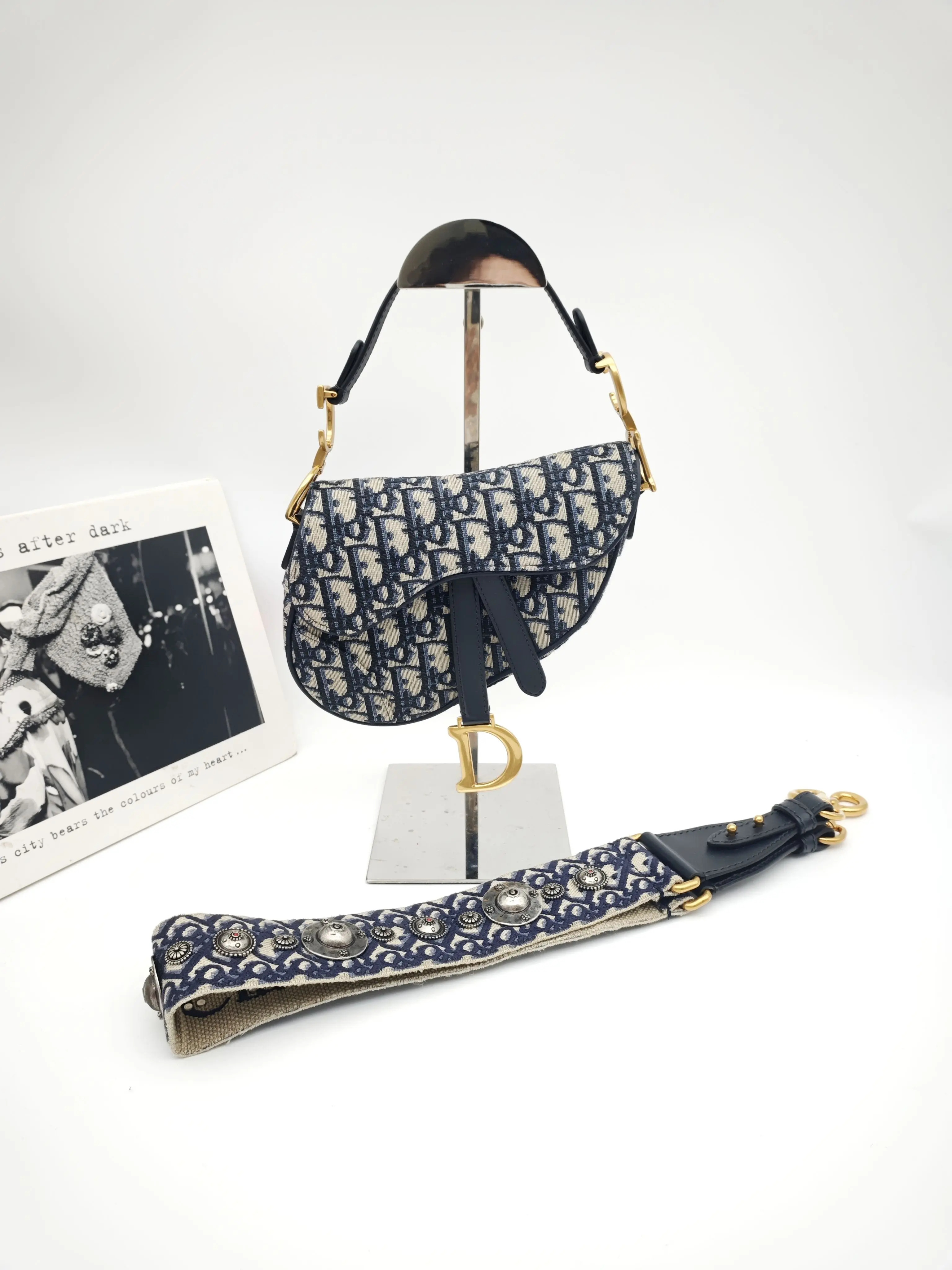 Pre-owned Dior Monogram Embroidered Saddle Bag Small, Studded Wide Shoulder Strap, Receipt. 【From The Vault】