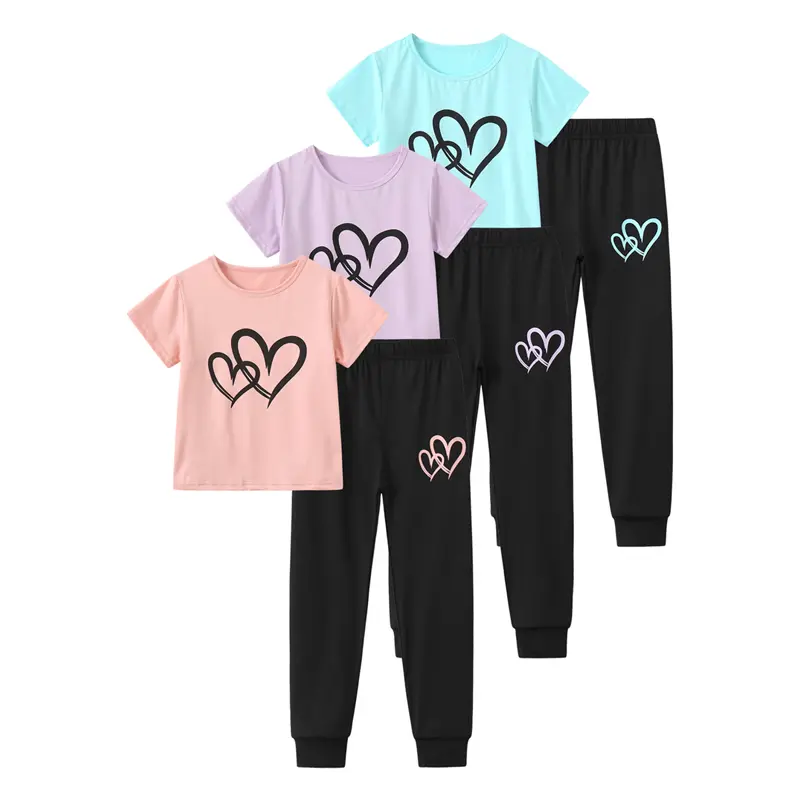 6-piece #SummerVibes girl summer heart-shaped printed suit elastic waist-closed flanging trousers and short-sleeved summer casual pants children cute and comfortable children's clothing
