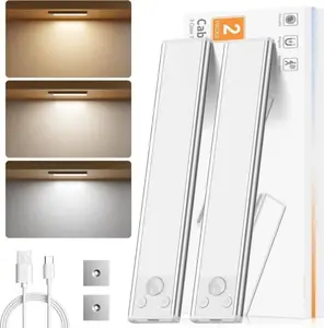 2 Pack 20CM Rechargeable induction Motion Sensor LED Cabinet Light, 3 Color Energy Conservation Cabinet Lamp for Rooms, Bedside, Stairs, Kitchen