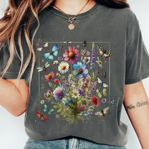 Comfort Colors Wildflower Butterfly Graphic T-Shirt – Vintage Nature Floral Oversized Pepper Tee, 100% Cotton, Unisex Fit, Soft & Breathable, Perfect for Faith-Based Fashion
