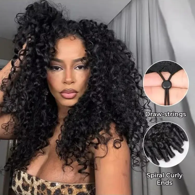 Bling Hair Burmese Curly Upgrade 3 IN 1 Half Wigs Human Hair Glueless Half Wig With Drawstring Cap Invisible Hairline 180% Density Ready to Wear Human Hair Half Wig