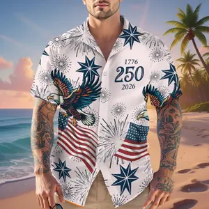 USA 250th Anniversary Hawaii Shirt, 1776-2026 Patriotic Eagle Button Down, American Flag Fireworks Tropical Shirt, Independence Day Gift