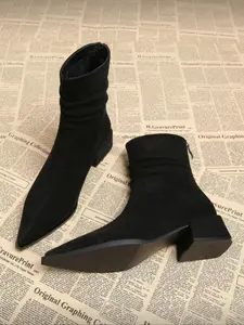 Women's Fashionable Comfort Boots Spring & Fall 2026, Stylish Slimming Pointed Toe Chunky Heel Short Booties, Slouchy Boots, PU Material