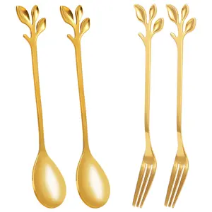 Tableware Gold Leaf Coffee Spoon Fork,4 Pack(2 Spoons 2 Forks) Little Demitasse Espresso Spoon and Appetizer Dessert Forks Set,4.7 Inches Tea Spoon Set