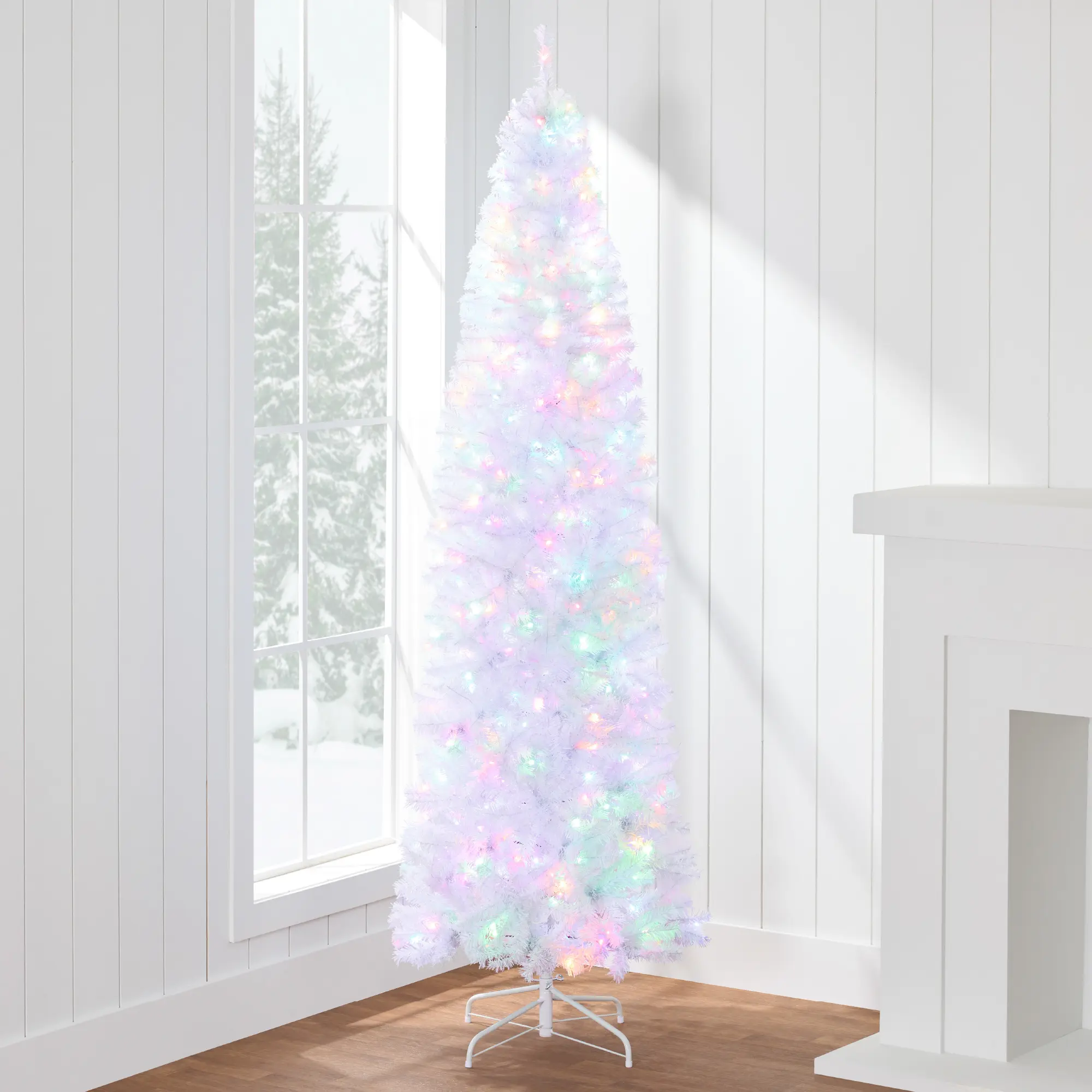Best Choice Products Pre-Lit White Pencil Christmas Tree w/ Foldable Base, 2-in-1 Multicolor Lights