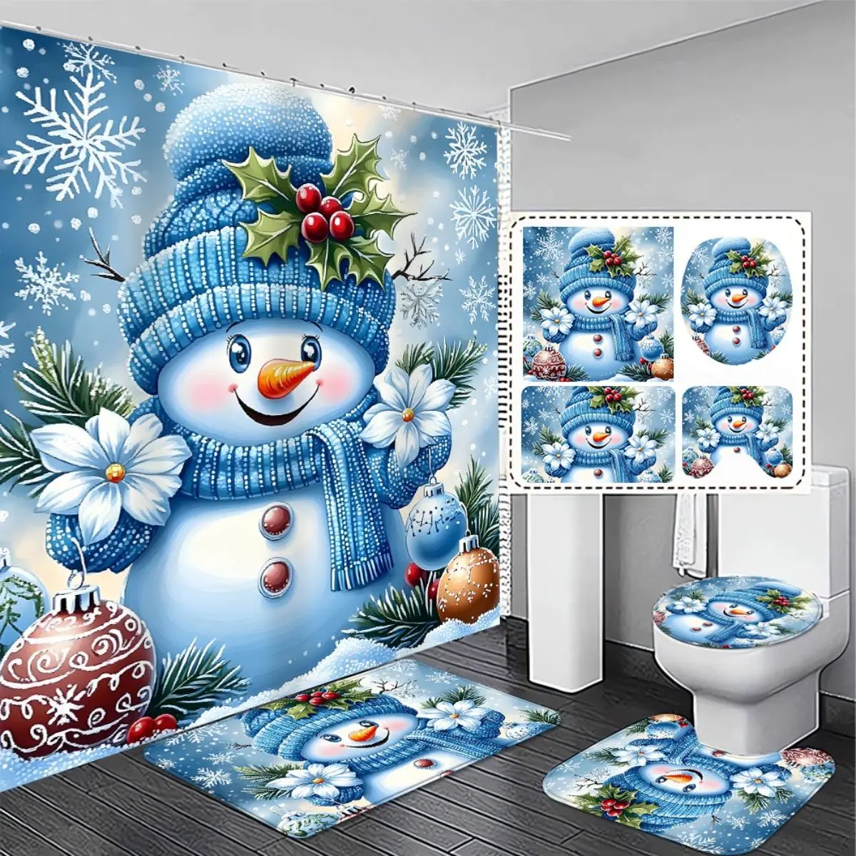 4pcs. Cozy And Comfortable Christmas Snowman Bathroom Set with Shower Curtain And Non-Slip And Toilet Lid Cover, Blue Holiday Design for Festive Bath Decor, Durable, Perfect Gift for Winter Season Exquisite And Practical Home Decoration Gift