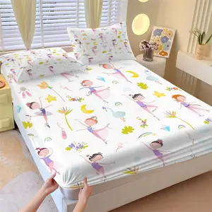 Ballet Theme Kids Fitted Sheet Set, 1 Mattress Cover & 2 Pillowcases, Cartoon Ballet Girl & Macaron Color Mattress Protector, Soft Anti-Slip Wrinkle-Free, Fresh Fairy-Tale Style Bedroom Decor, Gift Idea