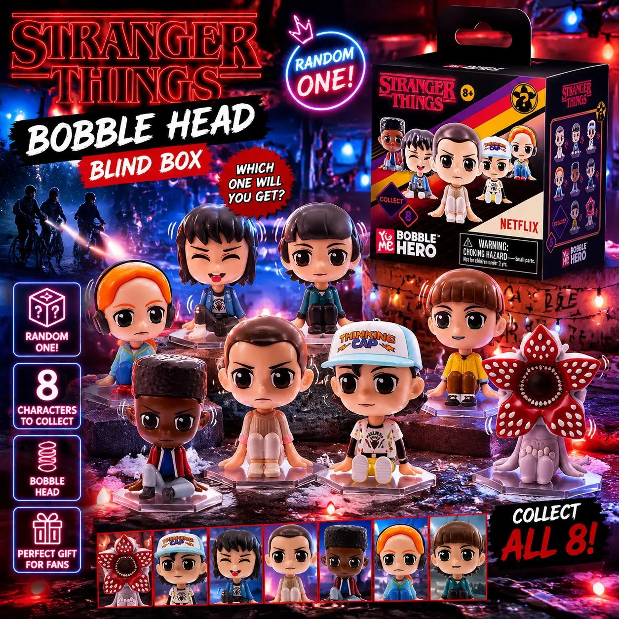 Netflix Officially Licensed Stranger Things Bobble Hero Blind Box, Blind Pack, Mystery Box with Eleven Mike Dustin Will Lucas Max Figures, Desktop Decor, Birthday Gift