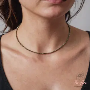 Tiny Gemstone Beaded Choker Necklace, Dainty Faceted Pyrite Gemstone Beaded Necklace, Waterproof Crystal Beaded Choker, Dainty Minimalist Style for Women Handmade Adjustable, gift for her