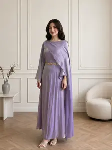 #CL95 Lightweight Glistening Asymmetric Cape Maxi Dress | Subtle Metallic Glimmer Draped Silhouette with Flared Sleeves | Elegant Breezy A-Line Long Dress for Resort & Occasions | Comfortable Shimmering Gown Womenswear Workwear Party