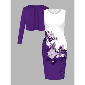 Elegant Women's Two-Piece Set: Solid Color Cardigan & Floral Print Dress - High Stretch, Machine Washable