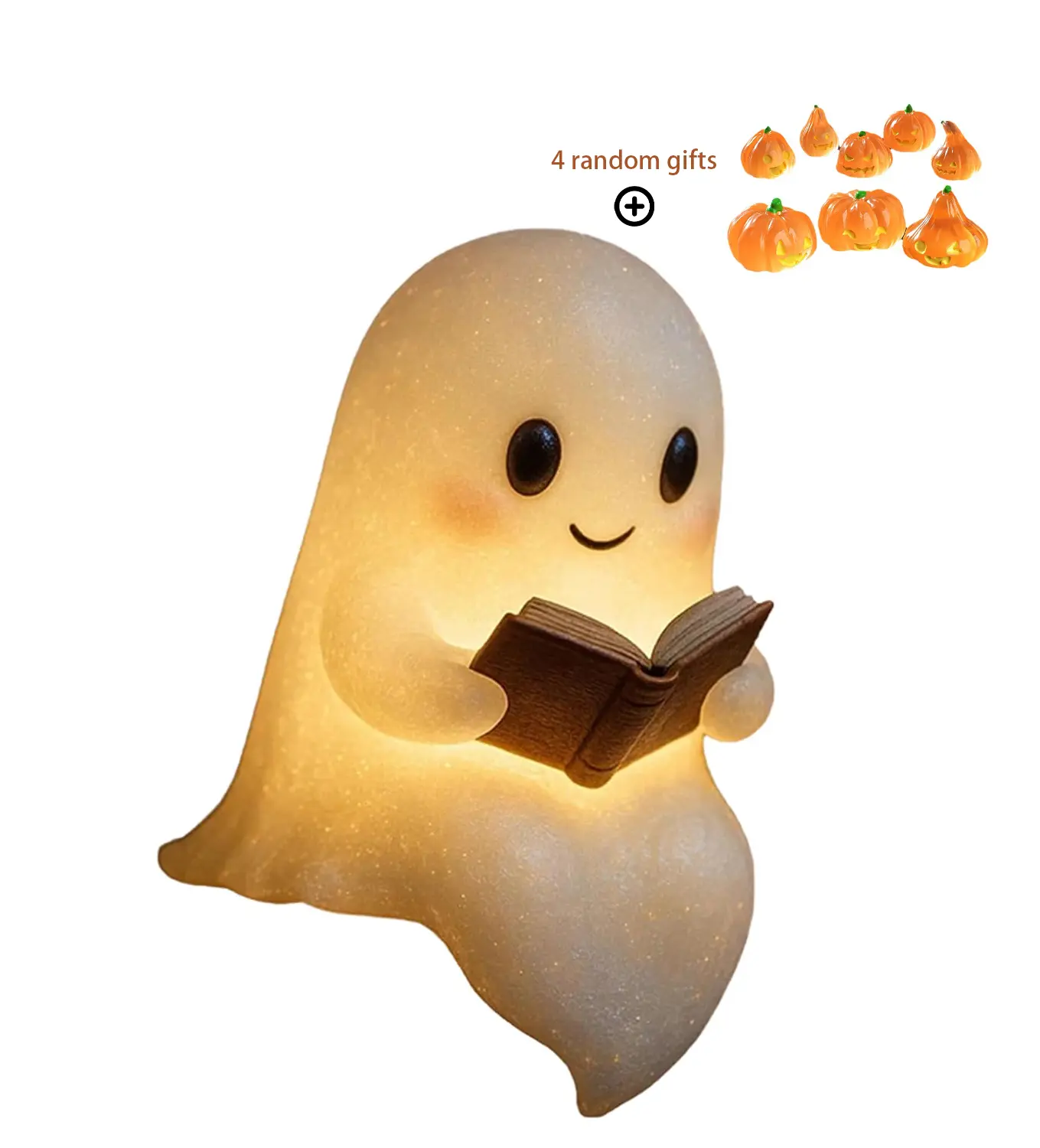 Ghost Lamp with Book Halloween Ghost Reading Book lamp 6 Inches Ghost Warm Lighted Indoor Figurine Lamps for Party Bedroom Study Room Funny Indoor 3D LED Nightlight with 4 small pumpkins
