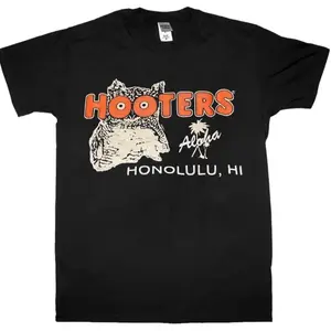 Hooters Aloha Honolulu Vintage Black Unisex T-Shirt One Side Print, Comfort Cotton, Casual Style, Short Sleeve Crew Neck Tee Gift
