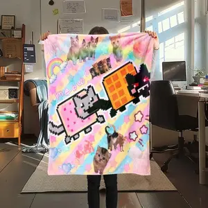 Nyan Cat Rainbow Fleece Blanket - Ultra Soft Flannel Throw for Bed & Sofa - Aesthetic Room Decor - Perfect Birthday Holiday Gift for Cat Lovers