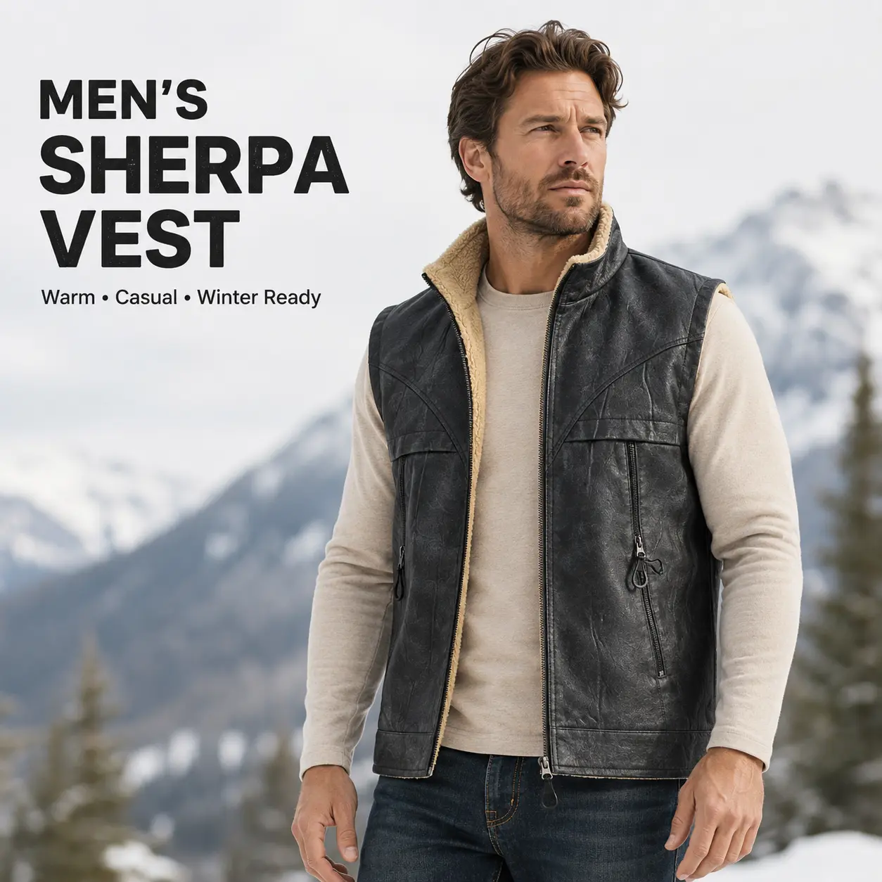 Men's lamb fleece lined leather PU vest, windproof, warm, durable sleeveless jacket with zip pockets suitable for cold weather