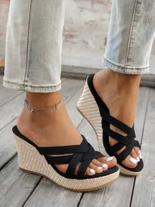 Women's Bohemian Wedge Sandals, Slip-On Cross Strap Thick Sole, Classic Straw Design, Summer Beach Casual Shoes, Comfortable Daily Wear, Boho Casual Sandals, Casual Summer Footwear
