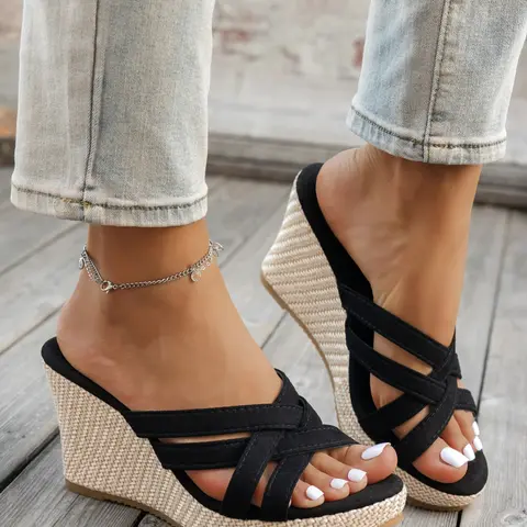 Women's Bohemian Wedge Sandals, Boho Style Sandals, Bohemian Trending Sandals, Slip-On Cross Strap Thick Sole, Classic Straw Design, Summer Beach Casual Shoes, Comfortable Daily Wear