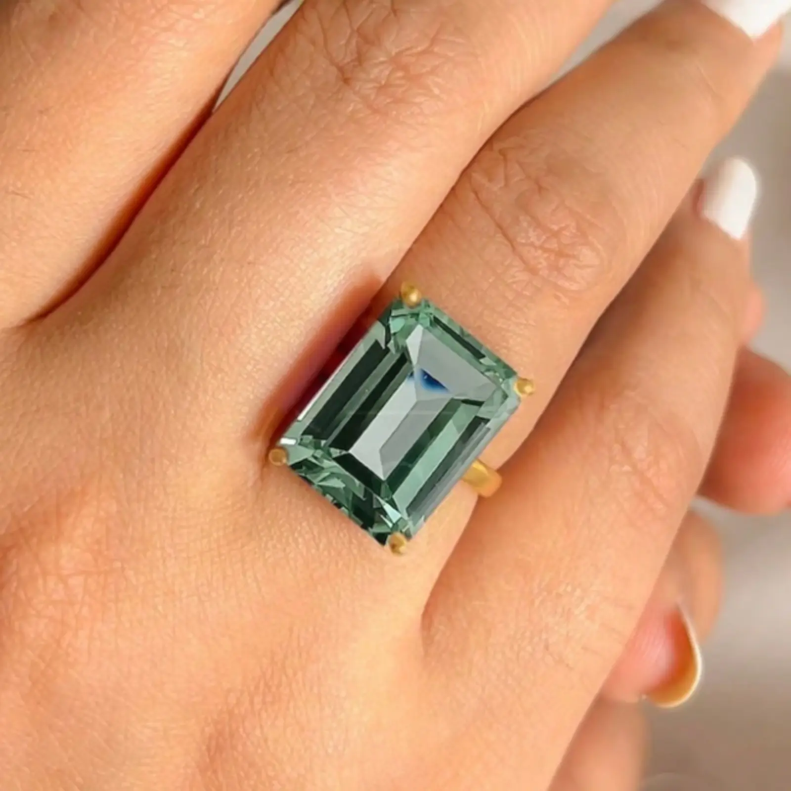 Minimalist 4-prong square setting engagement ring for women, 14k gold plated with green Zirconia stones, jewelry gift for weddings, anniversaries, Valentine's Day, wedding jewelry (No box)