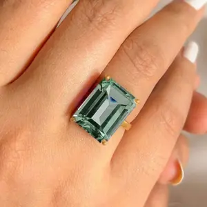 Minimalist 4-prong square setting engagement ring for women, 14k gold plated with green Zirconia stones, jewelry gift for weddings, anniversaries, Valentine's Day, wedding jewelry (No box)