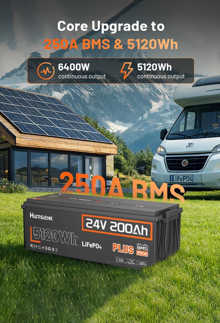 HumsiENK 24V 200Ah LiFePO4 Lithium Battery, Built-in 250A BMS with Low-Temp, 15000+ Deep Cycles 10 Years Lifespan, 2560Wh Lithium Iron Phosphate Battery, for RV Solar Energy Off Grid Trolling Motor