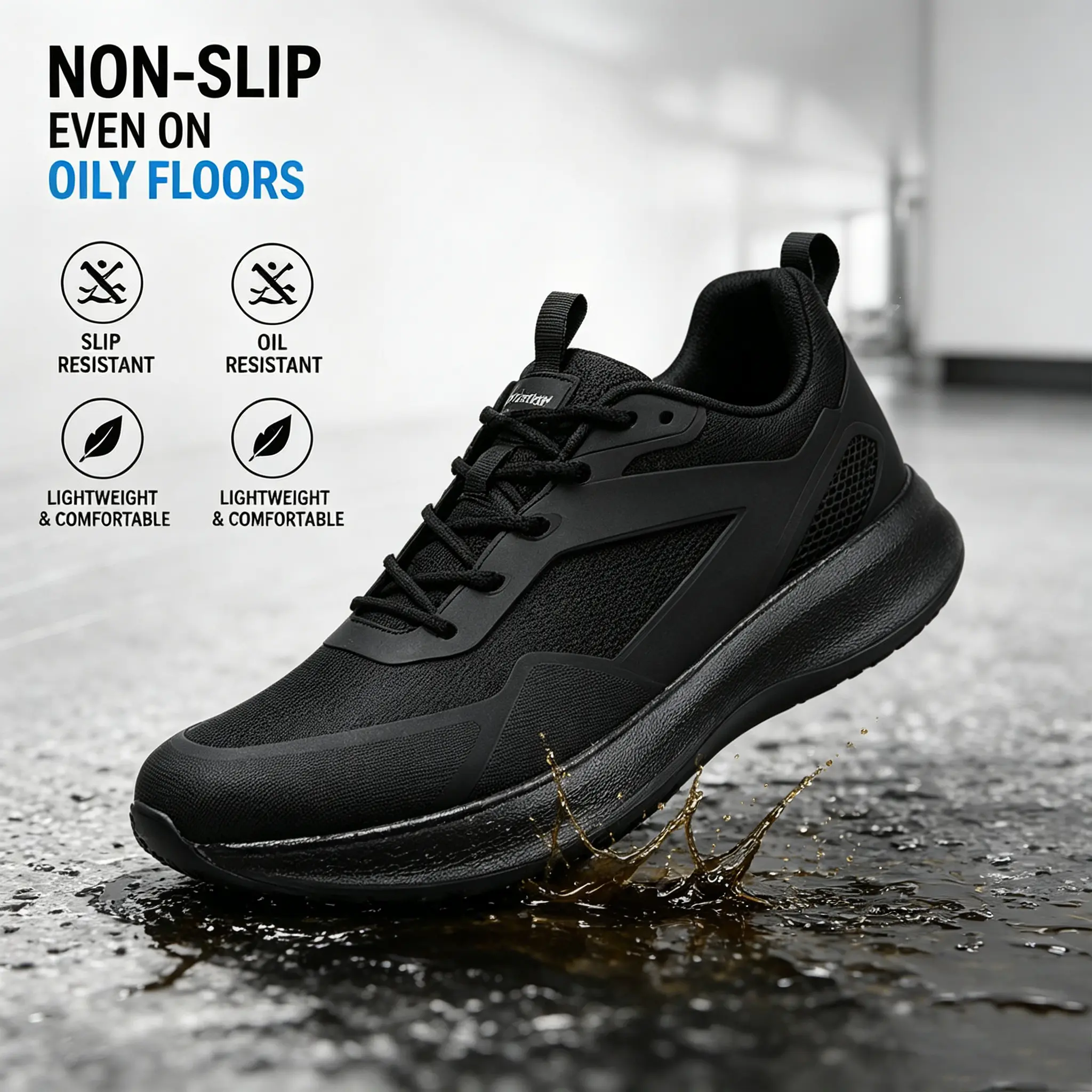 Men's Work Shoes, Waterproof Mesh Sneakers with Lightweight Cushioning, Non-Slip and Oil-Resistant for Kitchen and Factory, Waterproof Work Shoes, Footwear, Closed, Hospital, Warehouse, Walking Shoes, Soft