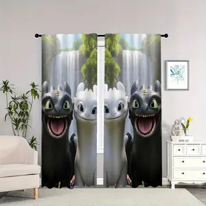 How to Train Your Dragon: Night Fury and Light Fury pose for a photo in front of the waterfall. Indoor curtains, blackout, heat-insulating, and soft, suitable for home décor.