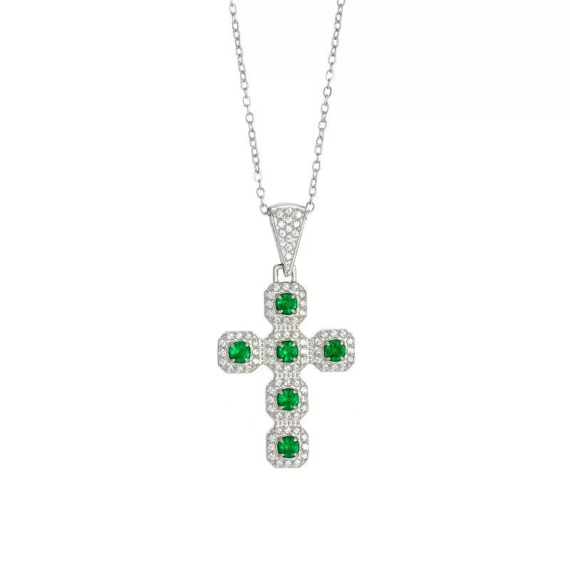 Minimalist Green Diamond Cross Pendant Necklace, Two-Tone Gold & Silver, Layered Cross Necklace for All Occasions, Ideal Gift for Girlfriend, Mom, Daughter, Perfect for Mother’s Day & Holidays