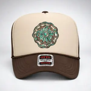 OTTO World Famous Trucker Hat with Turquoise Concho Medallion Cream and Brown Foam Cap