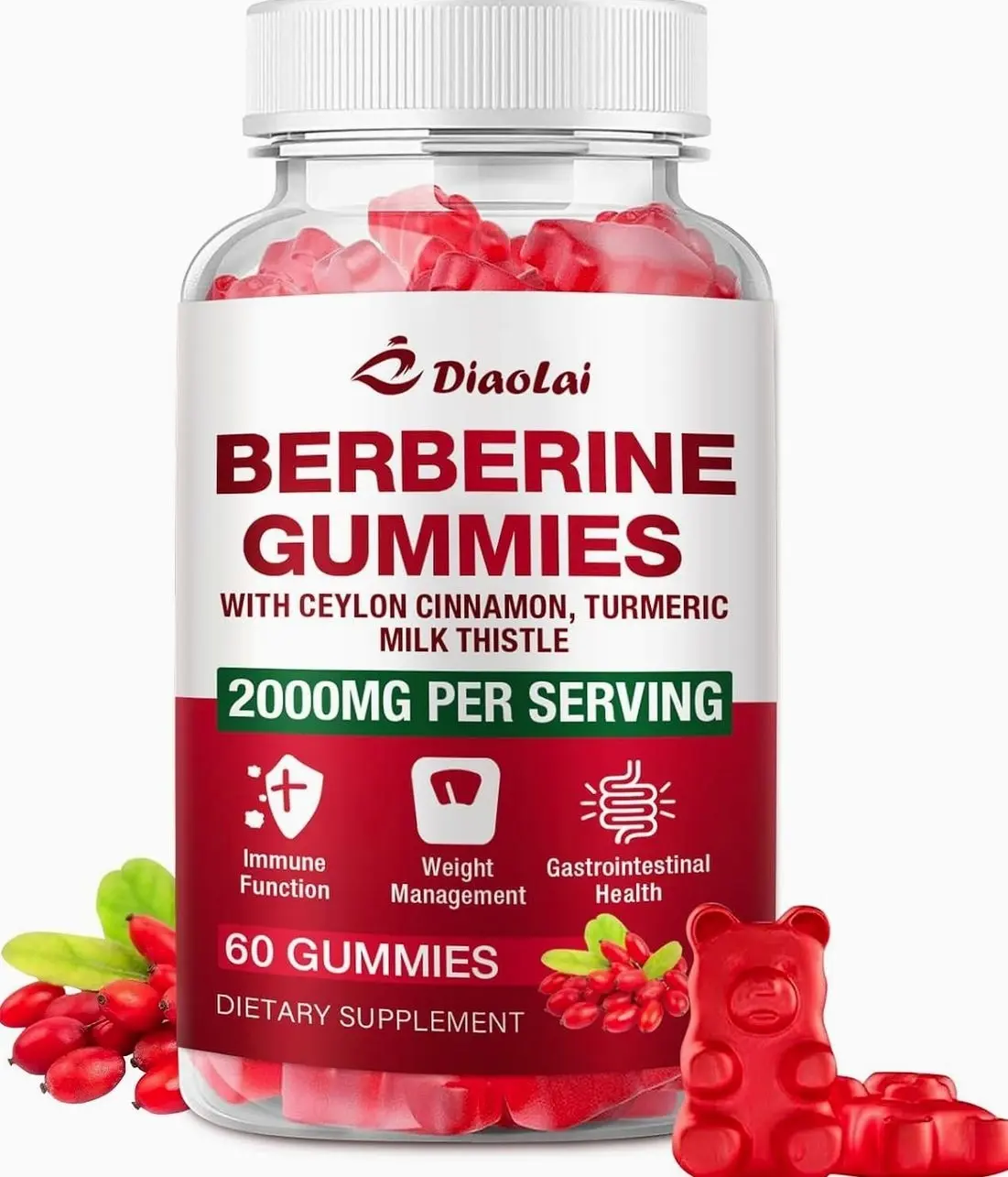 Berberine Gummies 2000mg - Natural Organic Berberine HCL Supplement - Vegan, Non-GMO, Gluten-Free - Delicious Raspberry Flavor - 60 Count