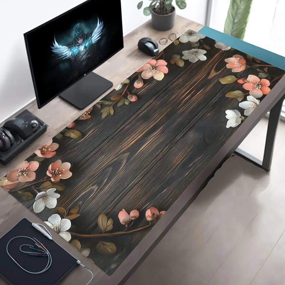 Free ExpressFree Express1pc, Large Size Mouse Pad with Non-Slip Base and Surface- Pink and White Floral Tree Pattern with Dark Wood Grain Background- Soft Rubber and Smooth Fabric Material, Suitable Office,