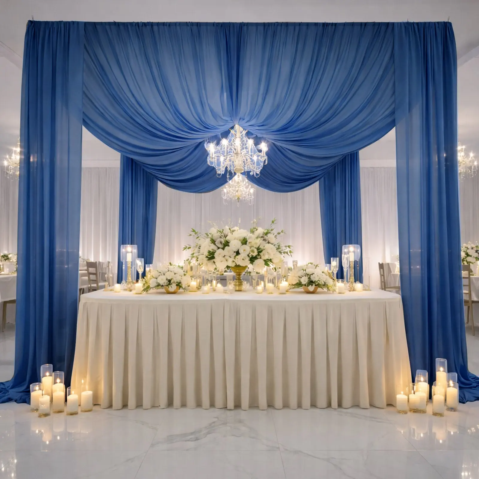 Navy Blue Chiffon Backdrop Curtain Single Panel with Rod Pocket - Durable, Flame Resistant - 5' x 20' Party Backdrop Decoration, Wedding Ceiling Drape