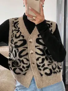 Women's Sleeveless Knit Vest, Leopard Print V Neck, Button, Casual Office Commute Style, Summer Fashion, Simple Design, Daily Wear