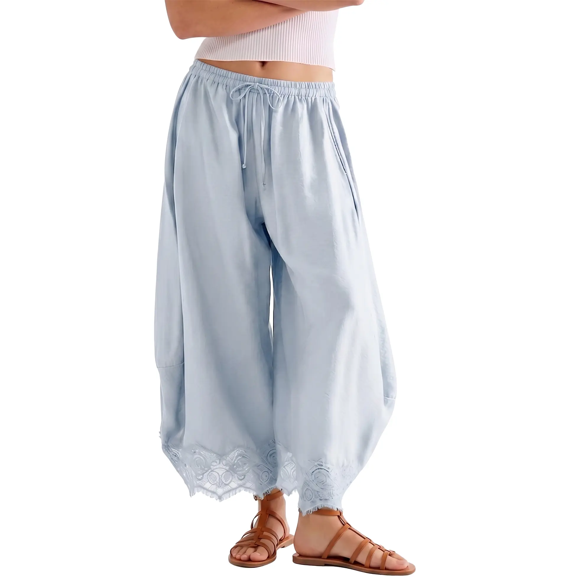 Hixiaohe Women's Bohemian Wide Leg Pants with Lace Hem, Casual High Rise Cropped Lounge Trousers with Drawstring and Pockets, Bottoms, Elastic, Shirts, Basic, Suit, Style