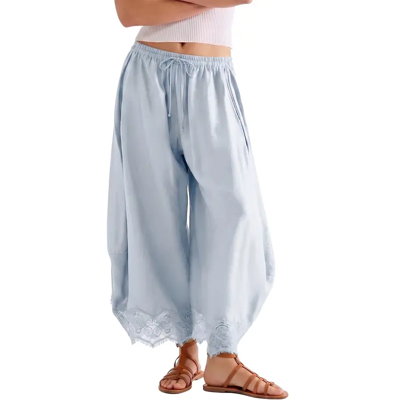 Hixiaohe Women's Boho High-Waist Elastic Waist Cropped Wide-Leg Trouser - Baggy, Loose, Solid, Lace Hem, Drawstring, Pockets, Lightweight, Beach Style Suit Bottoms for Casual Lounge, Party