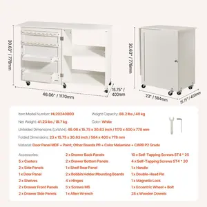 VEVOR Folding Sewing Table, Multipurpose Sewing Machine Table with Compact Design, Wheels, Shelves, Storage Trays, Wooden Pegs, and Magnetic Doors, Sewing Desk Cabinet for Sewing Machine, White