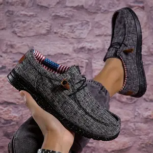 Men's Casual Loafers with American Flag Accent - Comfy, Non-Slip Slip-On Shoes, Breathable Fabric Upper, EVA Sole for Walking & Driving Flat Black Footwear Boy