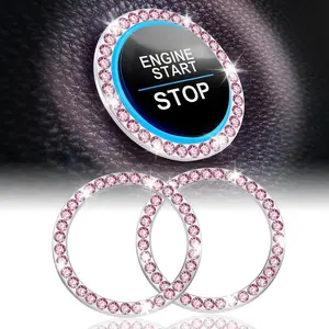 2 PCS Crystal Rhinestone Car Engine Start Stop Decoration, Ring Bling Car Interior Accessories for Women, Push to Start Button Cover Sticker, Automotive Decals, Pink