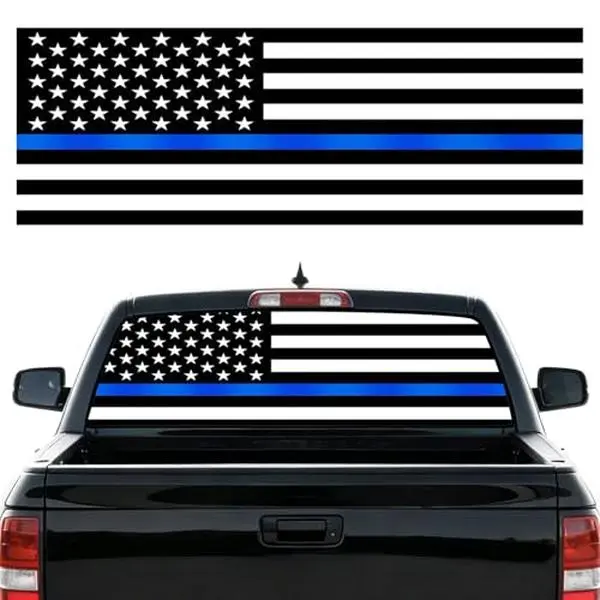 65" x 20"  American Flag Rear Window Decal for Trucks, Thin Blue Line Back Window Sticker Fit Most Pickup Trucks SUV See Through Sticker Rear Windshield Banner Car Decal Vehicle Exterior Decoration #Summervibes