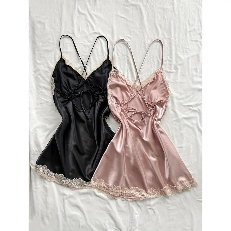 1 Pcs Sexy Silky Lace Trim Sleepwear - V Neck Backless Cross Strappy Split Hem Nightgown Dress, Comfortable 1 Pcs Sexy Silky Lace Trim Sleepwear - V Neck Backless Cross Strappy Split Hem Nightgown Dress, Comfortable