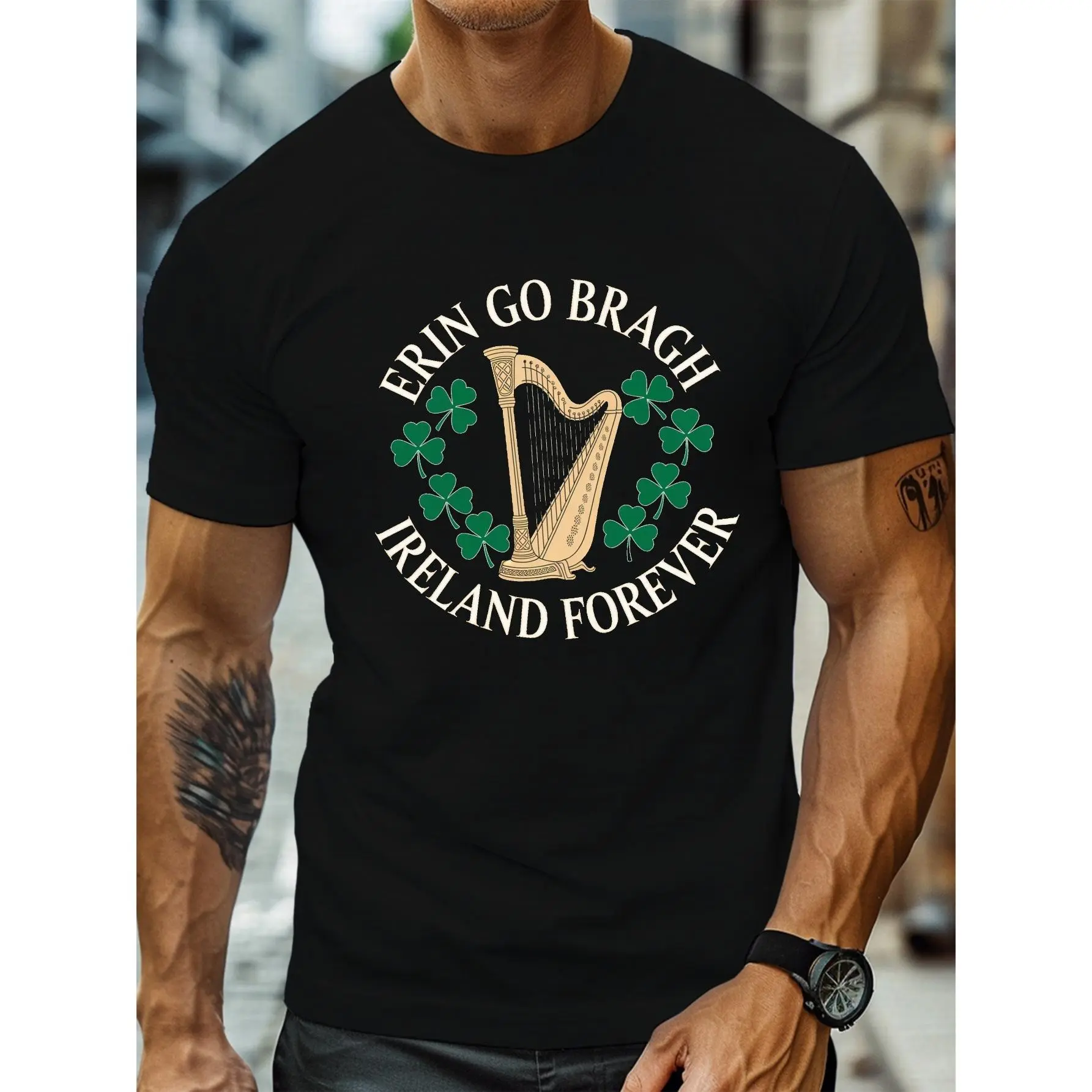 Bragh Ireland Forever Harp Print, Men's Round Crew Neck Short Sleeve Tee, Casual T-ShirtCasual Comfy Lightweight Top for Summer