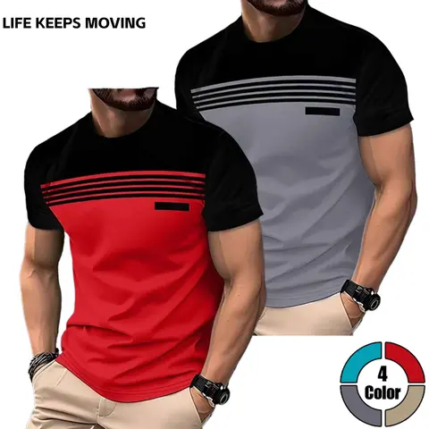 LIFE KEEPS MOVING Men’s Striped Panel Short-Sleeve T-Shirt 2-Pack, summer comfortable breathable fabric, casual and versatile, suitable for everyday wear, commuting, and at home, cool and non-stuffy even when you sweat.