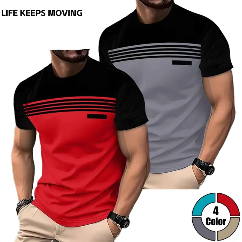 LIFE KEEPS MOVING Men’s Striped Panel Short-Sleeve T-Shirt 2-Pack, summer comfortable breathable fabric, casual and versatile, suitable for everyday wear, commuting, and at home, cool and non-stuffy even when you sweat.