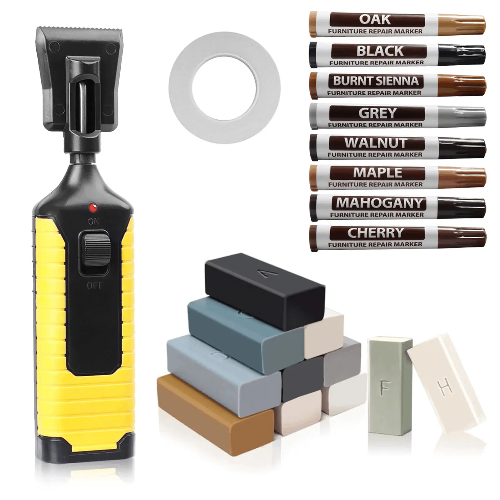 20PCS Floor Repair Kit, Wood Repair Kit for Hardwood, Laminate & Vinyl Floors, Includes 11 Wax Blocks, 8 Touch Up Markers, 1 Heat Pen & 1 Roll Tape, Restore Scratches, Stains, Cracks & Holes