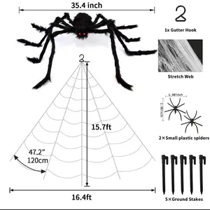 17FT Giant Spider Web Halloween Decor Outdoor & 3ft Big Spider Scary Party Prop