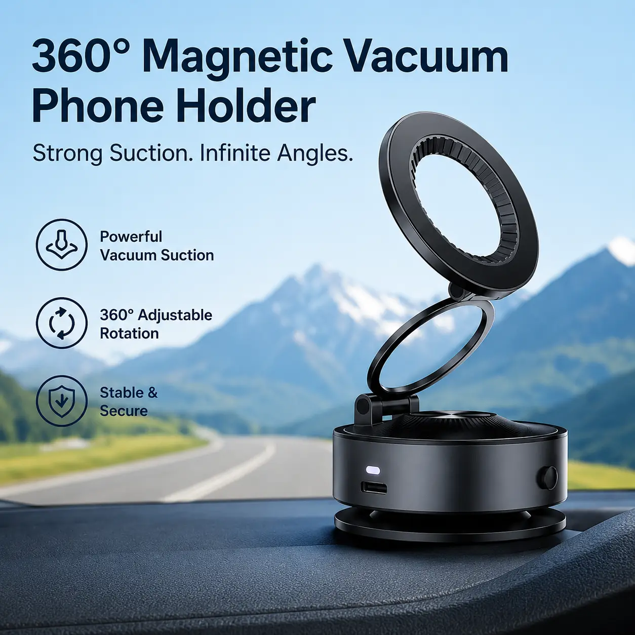 360° Vacuum Magnetic Car Phone Mount for MagSafe, One-Touch Lock Suction Cup Holder, Extendable Arm, Strong & Stable Dashboard Holder for GPS Navigation, Compatible with iPhone & Android