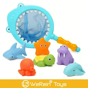 Ocean Theme Fishing Toy Set, Bathroom Pool Toys 6pcs Ocean Animals + 1pc Fishing Net, Fun Bath Time Playset for Kids